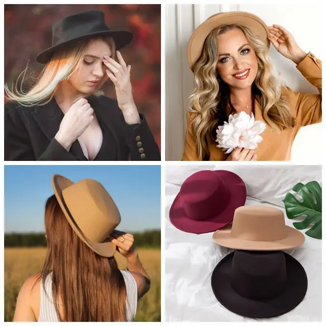 Elegant Women Flat Top Fedoras Hats British Style Wide Brim Felt Woolen Cap For Girls Lady Solid Color Spring Autumn Bucket Caps 2