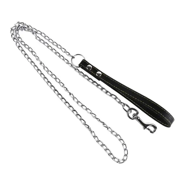 Heavy Duty Metal Chain Dog Lead With Leather Handle Long Strong Control Leash Outdoor Pet Traction Rope Anti Bite Chain Supplies 3