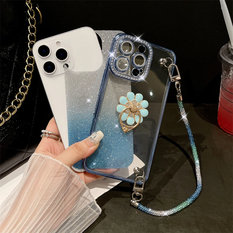 For iPhone 16 Pro Max Luxury Diamond Plating Flash Ring Holder Phone Case For iPhone 11 12 13 14 15 Plus Rhinestone Chain Cover
