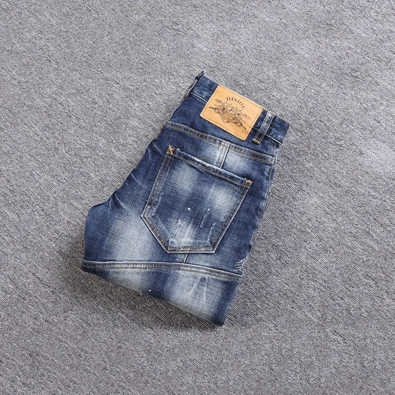 Street Fashion Men Jeans Retro Blue Slim Fit Spliced Designer Biker Jeans Homme Hip Hop Hole Ripped Pants Men Vintage Trousers