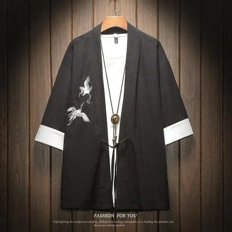 M-5XL Japanese Streetwear Kimono Shirt Men Chinese Dragon Embroiderd 3/4 Sleeve Collarless Shirts Samurai Champloo