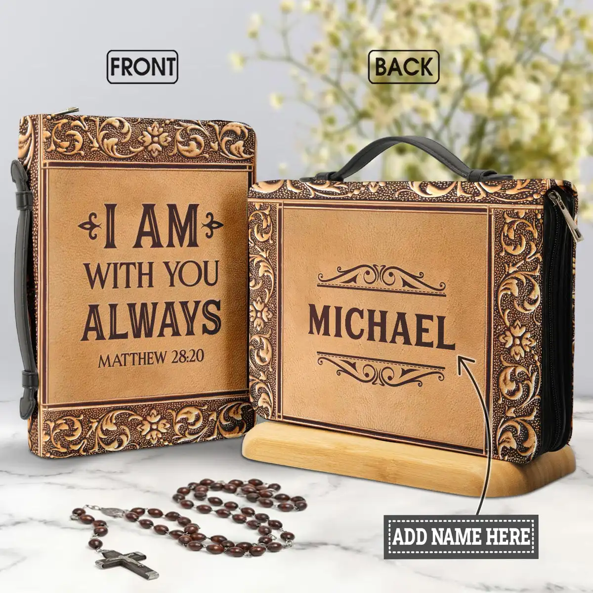 

Christianity Church Bible Bag for Women I Am With You Always Hymns Print Bible Cover Case Leather Study Book Holy Box Customized