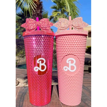 Barbie Princess Party Diamond Durian Cup With Glitter Bow Plastic Straw Insulated Water Bottle Bling Pink Tumbler For Girl Gifts 1