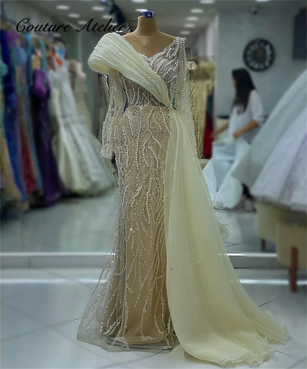 

Newest Champagne Beaded Long Sleeve Evening Dresses With Train Arabic Pearls Elegant Mermaid Gowns for Women Weddings Party Gown