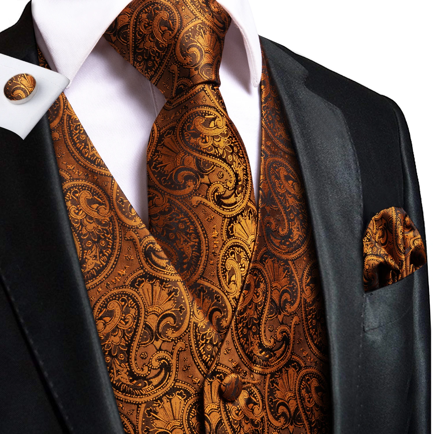 Hi-Tie Men Vest Silk Waistcoat Vest High Quality Handkerchief Cufflinks Tie Vests Set Blue Red Gold Waistcoat for Male Casual