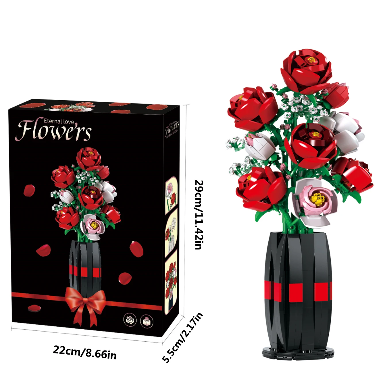 Rose Flowers Bouquet Building Set (860 PCS)-Artificial Flowers with Vase Home Decor Roses Flower Toys Building Set