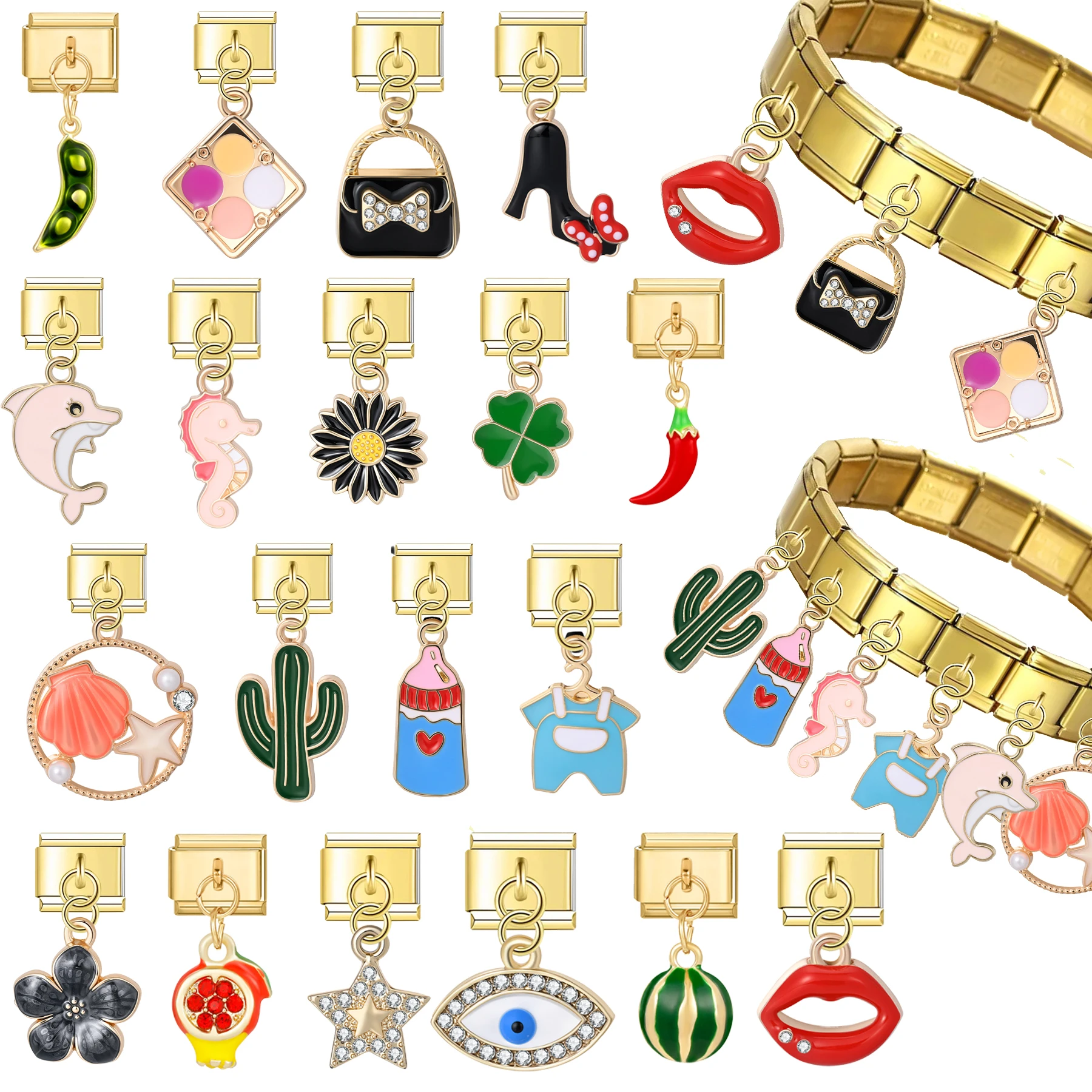 1 Stück goldener süßer rosa Delphin-Blumen-Handtaschen-Wassermelonen-Chili-Anhänger – 9 mm italienischer Stil, Edelstahl-Modul, DIY-Armband