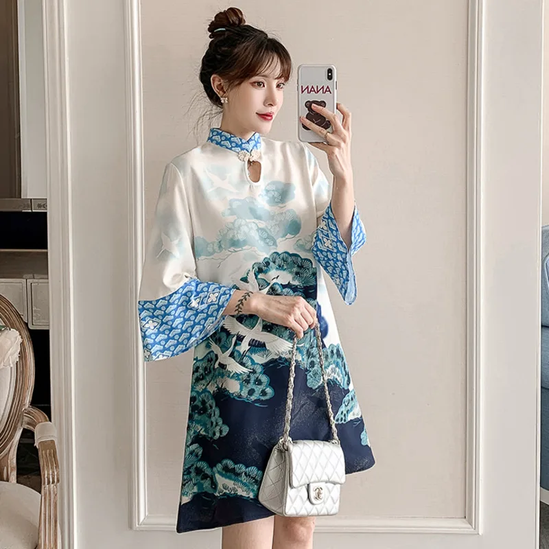 

White Ink Printing Qipao WomenVintage Elegant Summer 2022 National Style Modern Chinese Dress Fashion Loose Plus Size Cheongsam