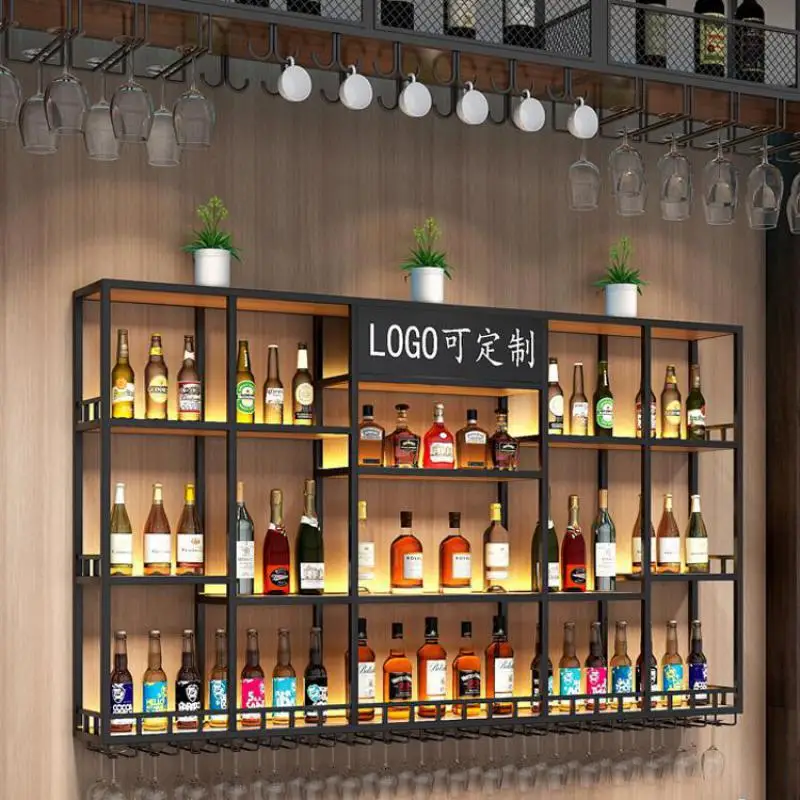 Shop Wall-mounted Red Wine Shelf Simple Bar Counter Wall-mounted Wine Cabinet Display Cabinet Iron Art Luminous Rack