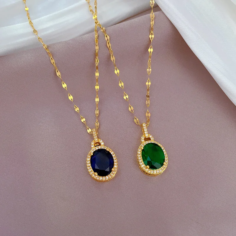 Luxury aaa Zircon Emerald Stone Water Drop Pendant Necklace Gemstone Jewel Sapphire Stainless Steel Chain Party Jewelry