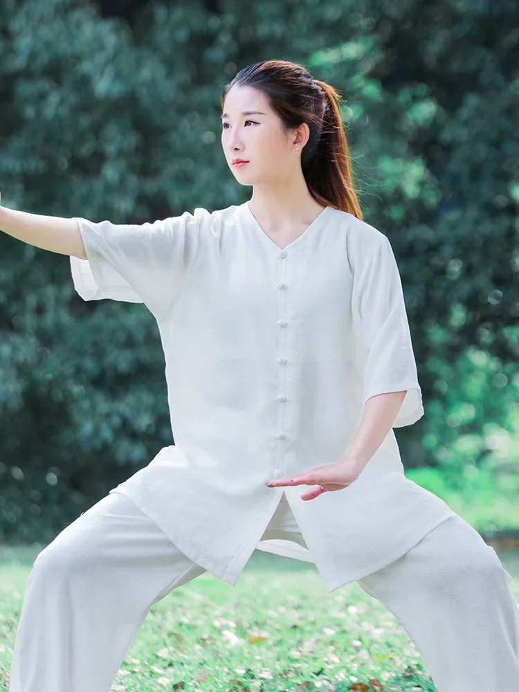 

Summer Breathable Cotton And Linen Short Sleeve Kung Fu Shirts Wing Chun Training Vintage Sport Tops Martial Arts Taichi Uniform