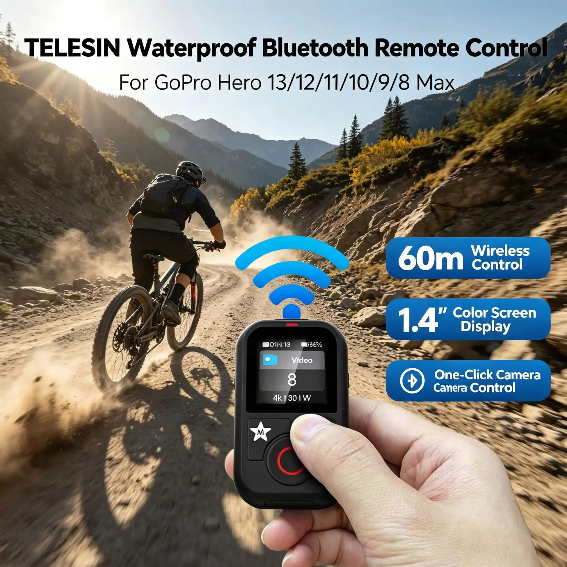 TELESIN Bluetooth Waterproof Wireless Remote with 1.4 Inch HD Screen, 60M Range