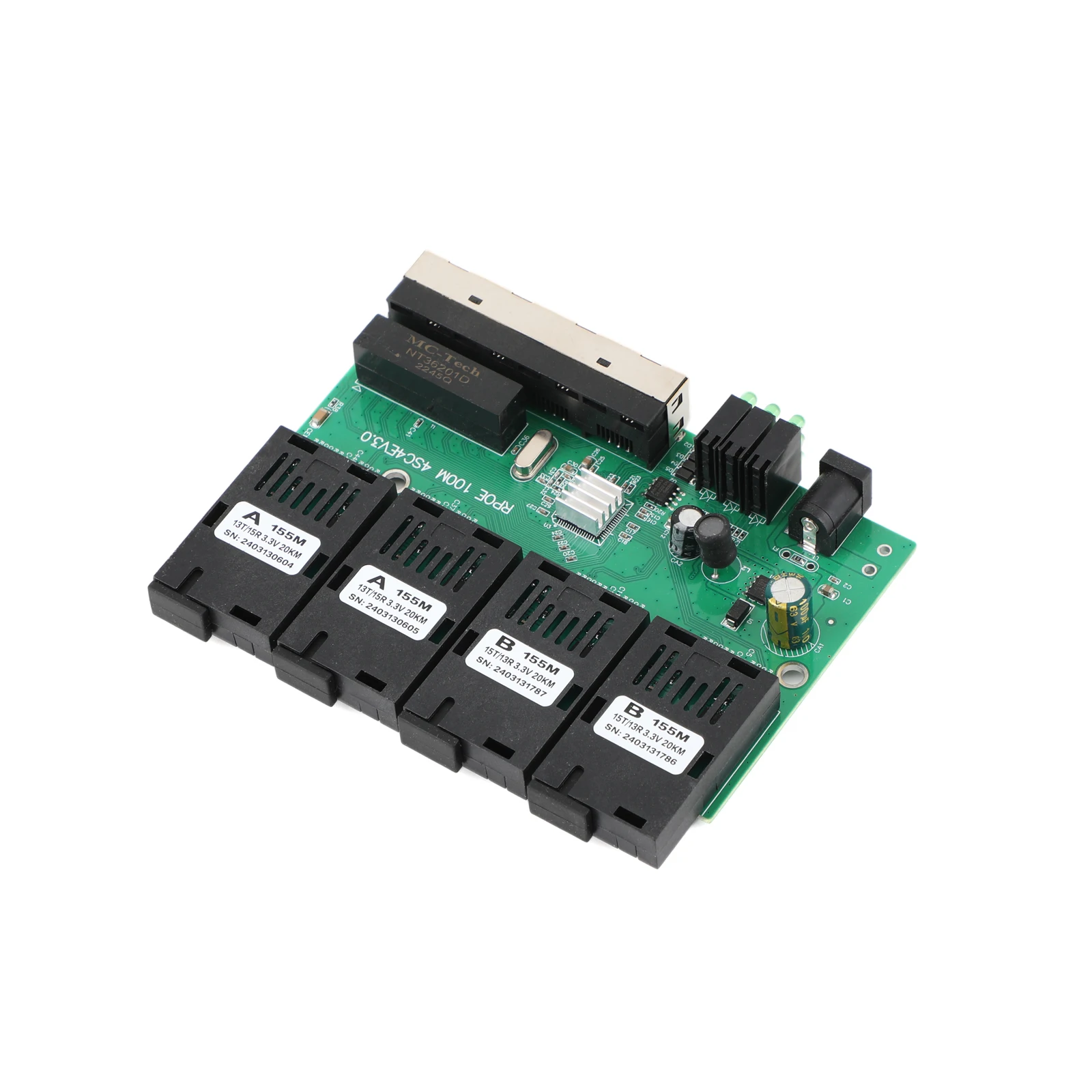 10M/100M PCBA Board Optic Media Converter 4RJ45 to 4SC 2A + 2B Fiber Optic Connector 1310nm/1550nm Ports 20KM Ethernet POE Switch