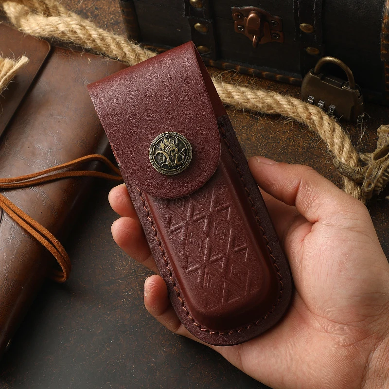Handcrafted Genuine Leather Folding Knife Case - Durable Cowhide Side-Mounted Protective Storage Sleeve