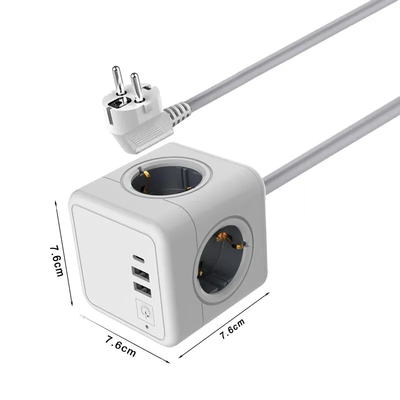 Stekkerdoos (4000 W/16 A) 3 m kabel, USB-stekkerdoos met 4 stopcontacten en 3 USB-poorten (2,4 A), stekkerdoos met afzonderlijke schakelaars