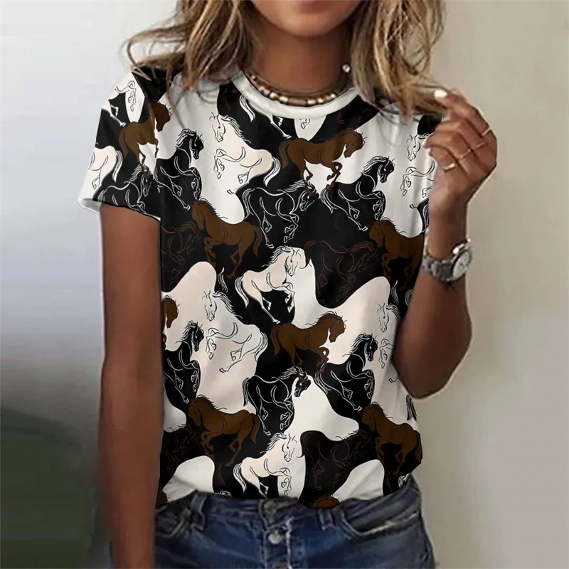 3D Printed Cowboy Horse T-Shirt For Women Colorful Animal Graphic T Shirts Summer Loose Tees Short Sleeves Round Neck Tops 5