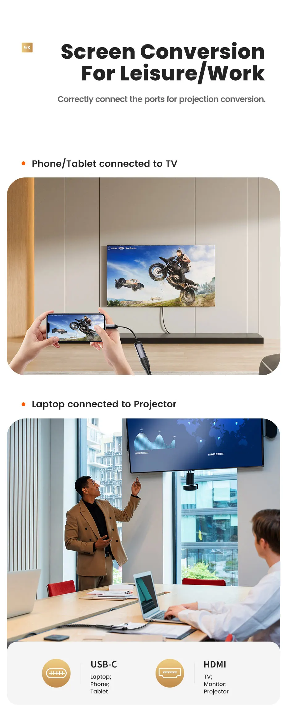 Toocki Type C To HDMI Adapter HD 4K@60Hz Video Cable For iPhone MacBook iPad Samsung Xiaomi TV Monitor Projector Cable Converter
