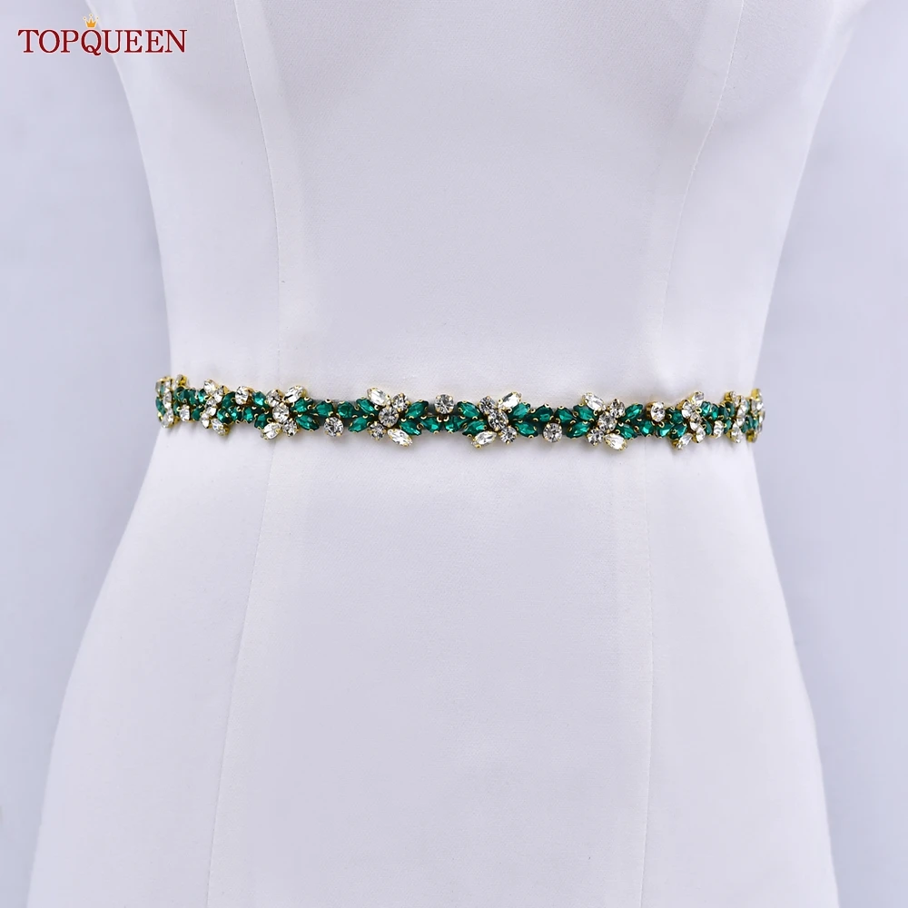 TOPQUEEN Simple Wedding Belt Green Rhinestone Belt Bridal Dress Decoration Women's Accessories S437 KL