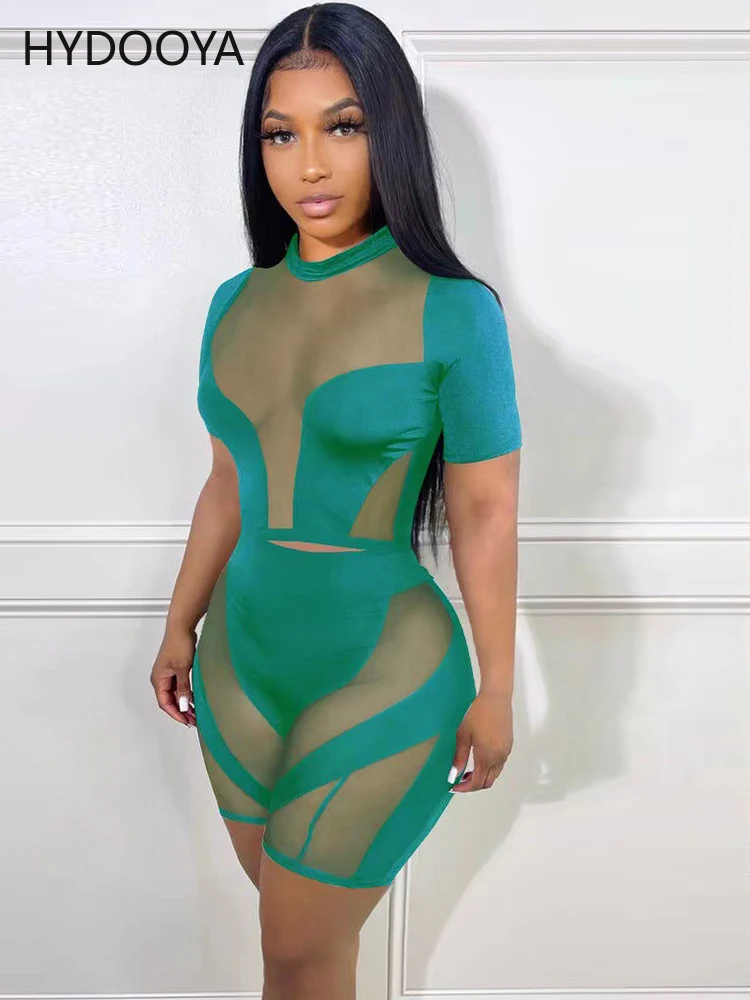 

Sexy Sheer Mesh Stiching 2 Two Piece Club Outfits for Women Short Sleeve Mock Neck Cleavage Tops and Bodycon See Through Shorts