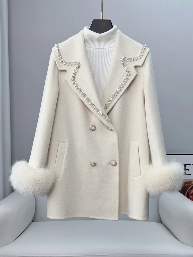 

Suit collar double-sided alpaca fleece coat with studded beads, fashionable socialite, medium length fur double-sided woolen