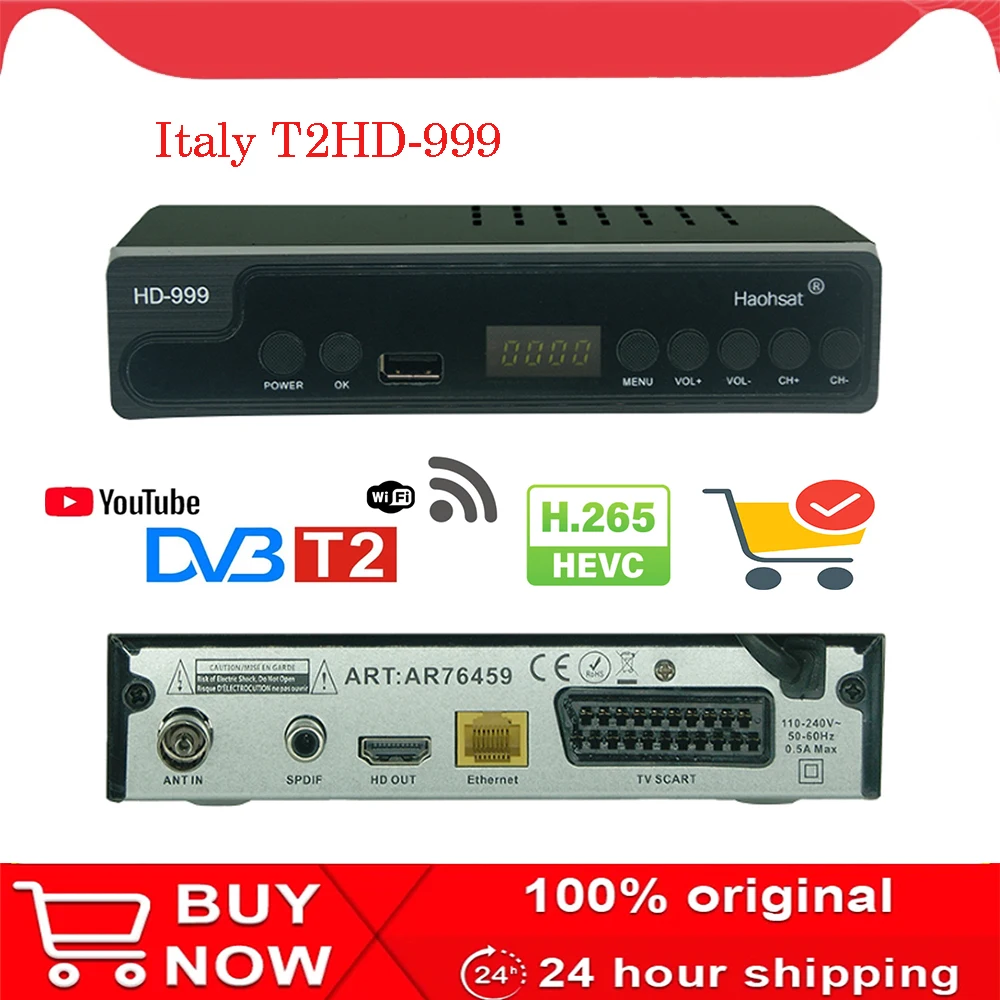 Цифровой наземный декодер Haohsat DVB T2HD 999 HEVC T2 ТВ HD тюнер H.265 WIFI ТВ-приставка C Италия