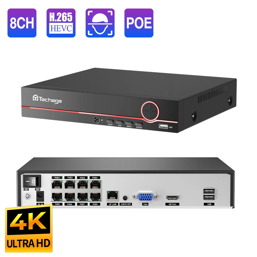 Techage-sistema de vigilancia de seguridad CCTV, cámara de red POE, NVR, H.265, 4K, 8MP, 5MP, soporte máximo de 14TB