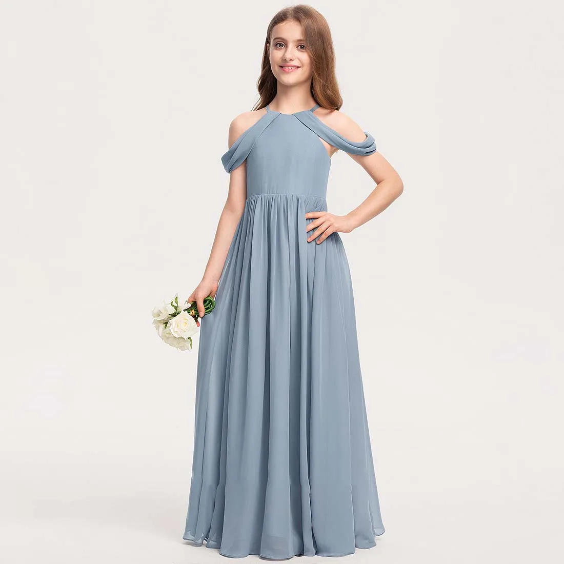 YZYmanualroom Junior Bridesmaid Dress Flower Girl Dress A-line Halter Floor-Length Chiffon 2-15T