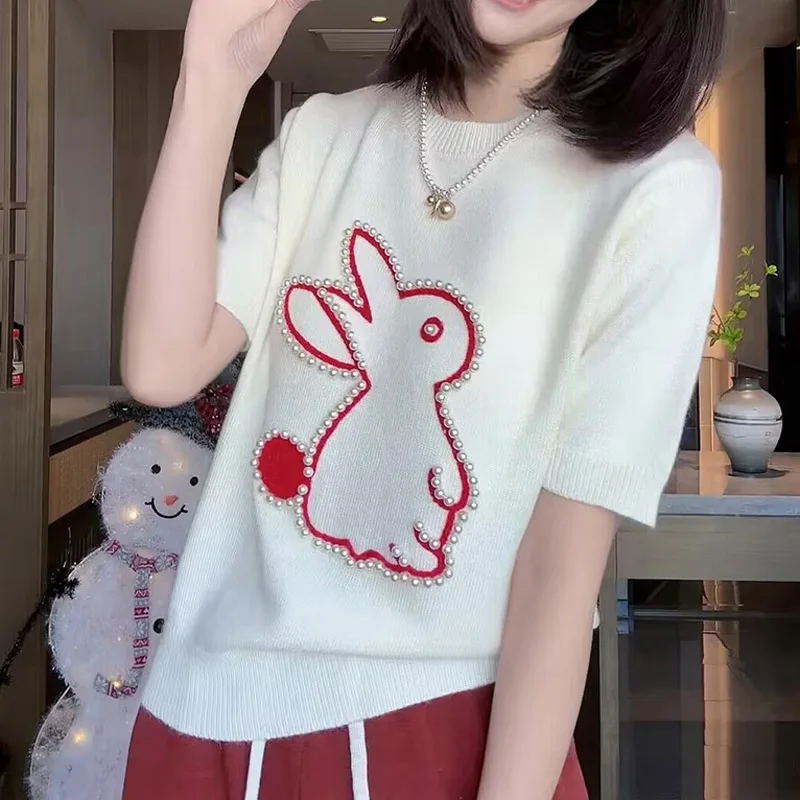 

Boring Honey Pearl Beading Rabbit Knitted Sweater Women Summer Short Sleeve O-neck Pullover Tops Stylish Fashion Ladies Jumper