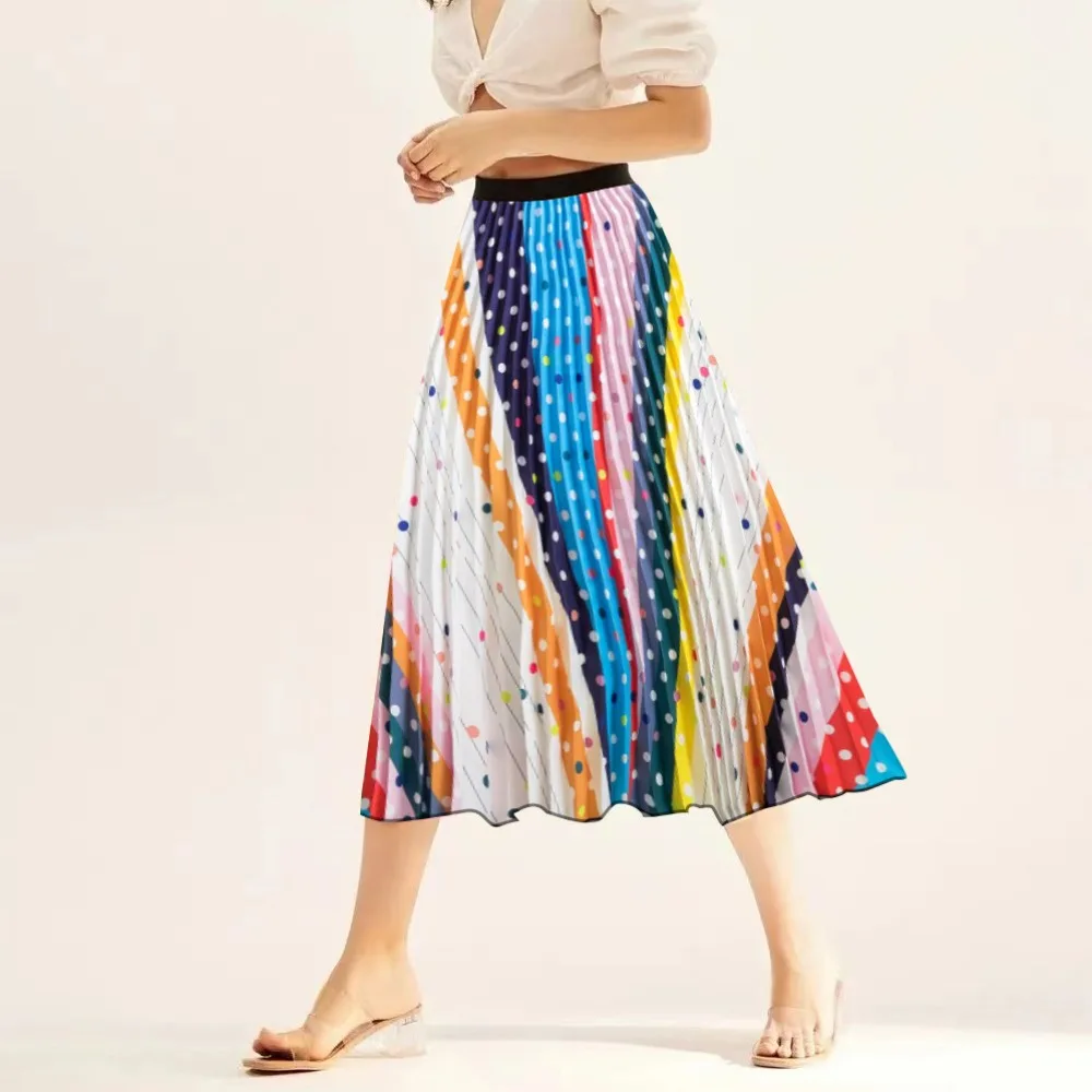 

Nighpha Dot Print Pleated Skirt for Women Causal Elastic High Waist A-line Skirts Midi Long Skirt Spring Summer