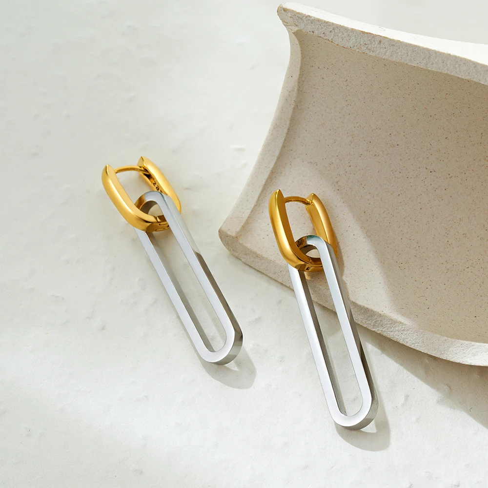 Punk Removable Long Geometric Square Dangle Earrings Gold Silver Color Minimalist Bilayer Link Chain Hoop Earring Goth Jewelry