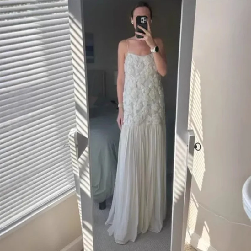 Elegant 3D Floral White Long Dress Women Patchwork Backless Pleated Party Evening Dresses Female 2025 Summer Lady A-line Robes