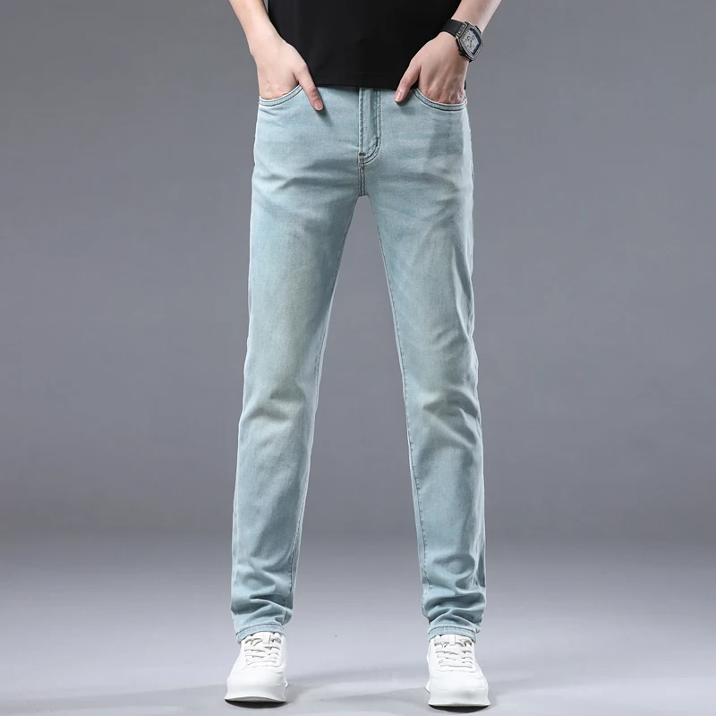 2024 high luxury business European goods new men's pants gem blue fashion casual versatile Slim small straight men's jeans