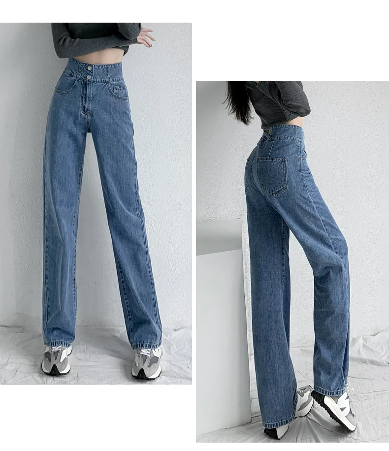 2022 New Jeans Women's Jeans Baggy High Waist Button Straight Pants Women Blue White Fashion Casual Loose  Trousers womens clothing