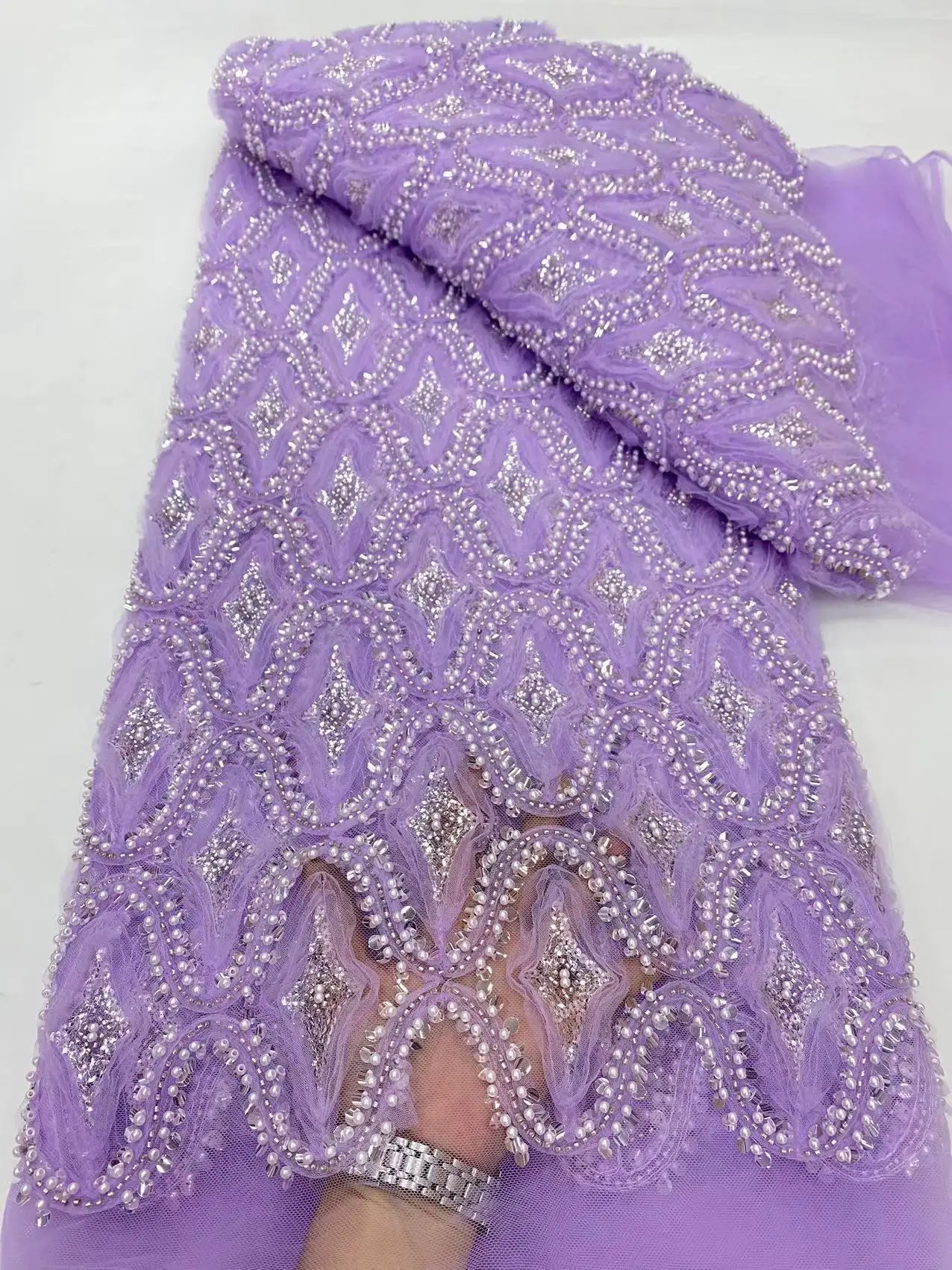 

Purple Latest Beaded Tulle Lace Fabric Sequences Embroidery Nigerian Lace 5 Yards African Laces Fabrics For Wedding 2023