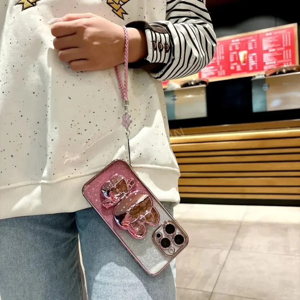Luxury Glitter Rabbit Mirror Phone Case with Four Leaf Clover Hand Rope