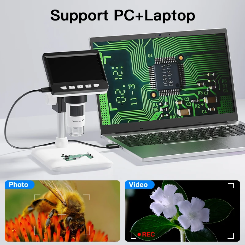 4.3인치 IPS 스크린이 장착된 디지털 현미경 1600X 코인 현미경 2MP USB 전문 전자 현미경(시계 PCB 수리용)