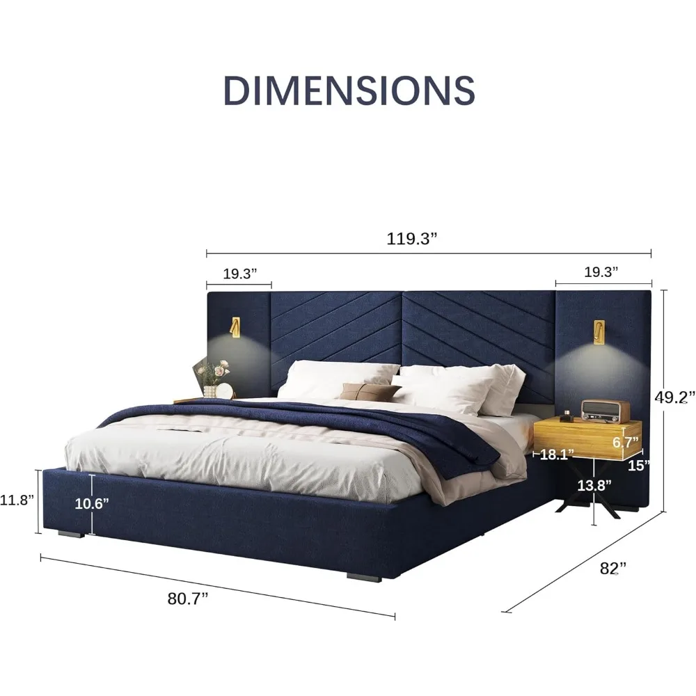 Bed Frame with Built-in Gold LED Lights and Nightstands, King Size Platform Bed with Oversize Upholstered Headboard, No Box