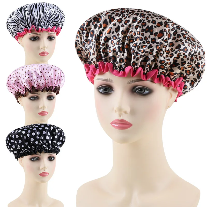 Leopard Print Double Layer Waterproof Shower Cap - Reusable and Elastic Hair Cover