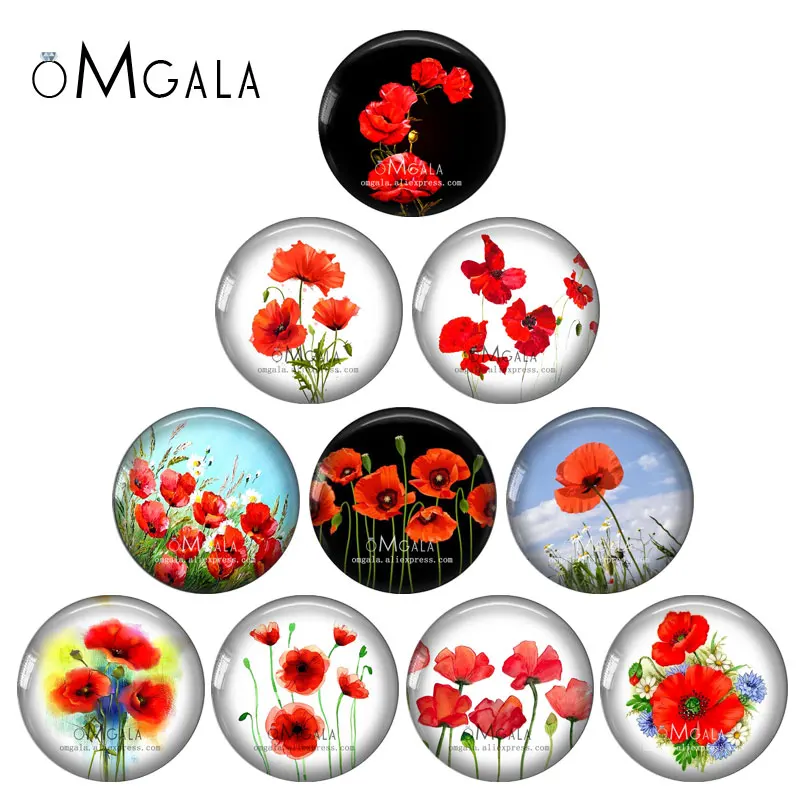 

Fashion Red Poppy Flower Art Paintings 10pcs mixed 12mm/18mm/20mm/25mm Round photo glass cabochon demo flat back Making findings