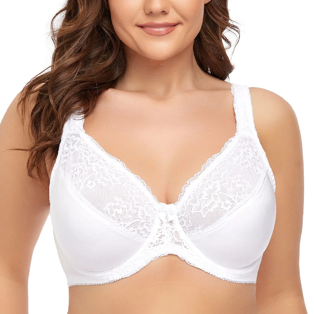 women push up bra full coverage underwire lace floral suppotive cross straps thin cup bras female lingerie 36 38 40 42 c d e f g Big Size Women's Underwear Full Coverage Non-padded Underwire Lace Embroidery Minimizer Bra Plus Size C D E F G H I J Cup