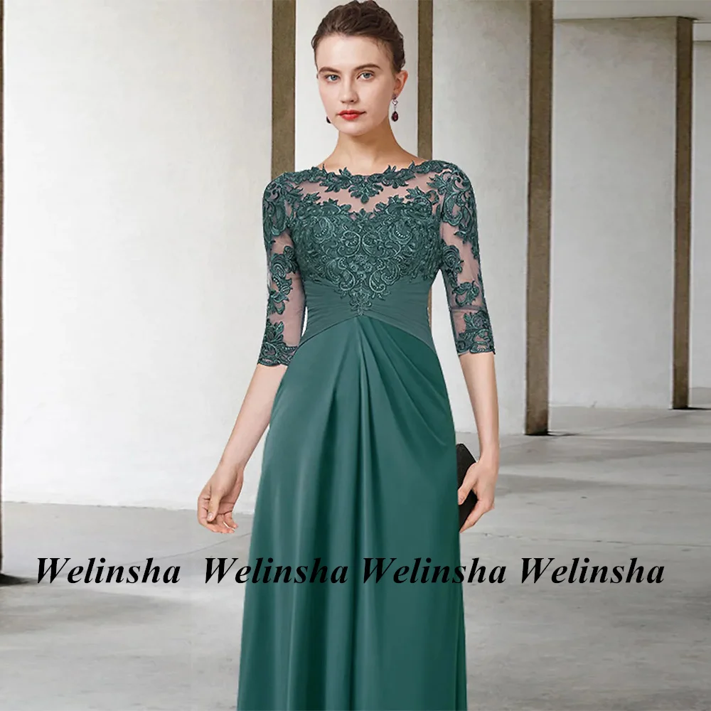 Emerald Green Mother of The Bride Dress Elegant Half Sleeves Scoop Neck Applique Floor Length A Line Chiffon Wedding Guest Gown