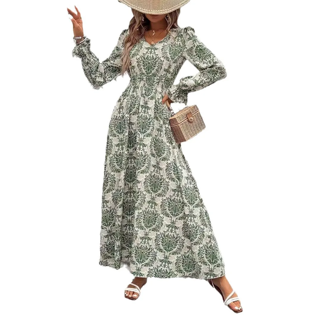 2025 Abito lungo ampio con scollo a V con stampa floreale da donna autunno a maniche lunghe Abito stile casual da sera formale alla moda ed elegante 5