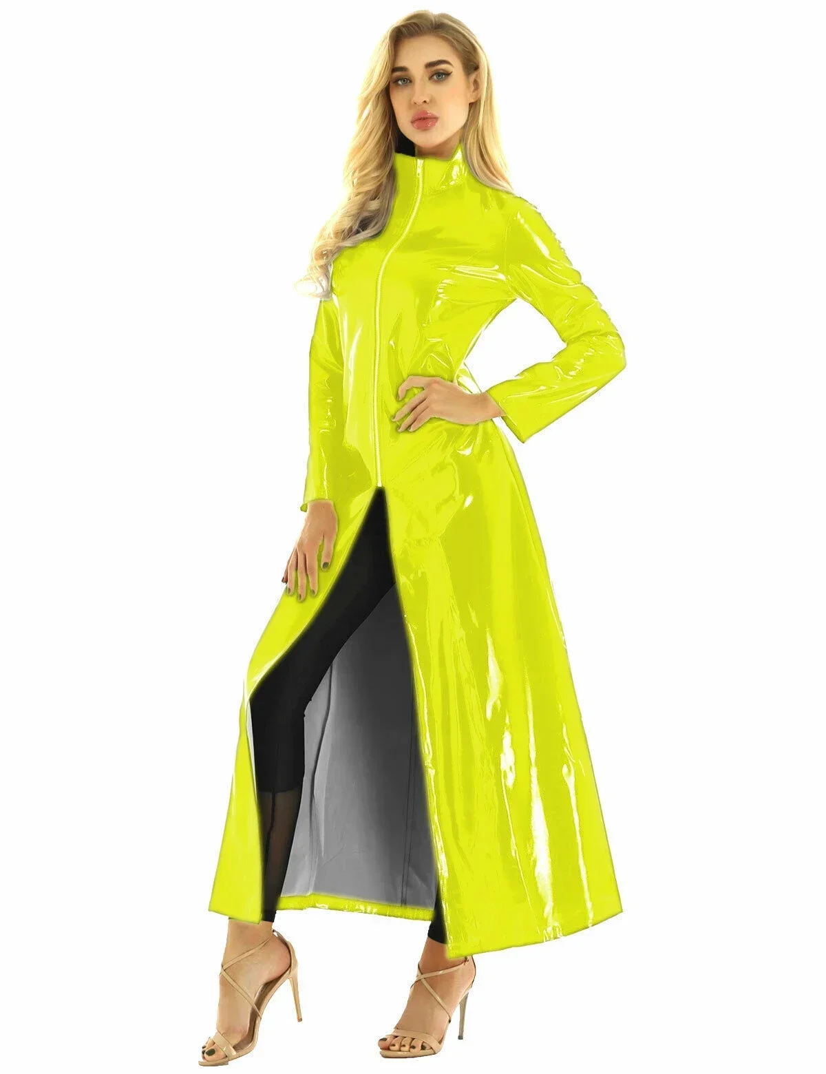 Plus size manga longa fino ajuste falso látex trench coat feminino gola alta zíper longo robe casaco palco vestuário oversized outerwear