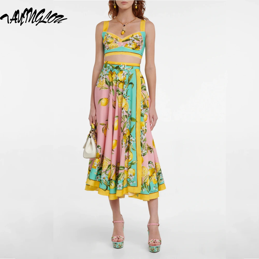 

Suits For Women 2023 Summer Refreshing Lemon Elegante Celebrity Sets American Halter Bust+Printing Skirt Two Piece Set For Women