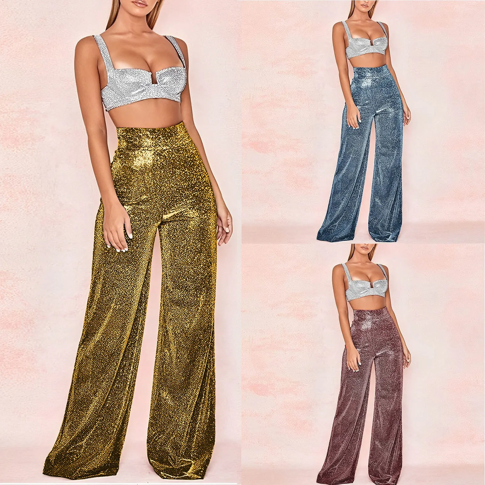 

Women's Fashion Shiny Sequin Pants High Waisted Draped Palazzo Trousers Zip Wide Leg Flared Pants Party Night Club Wear Pants