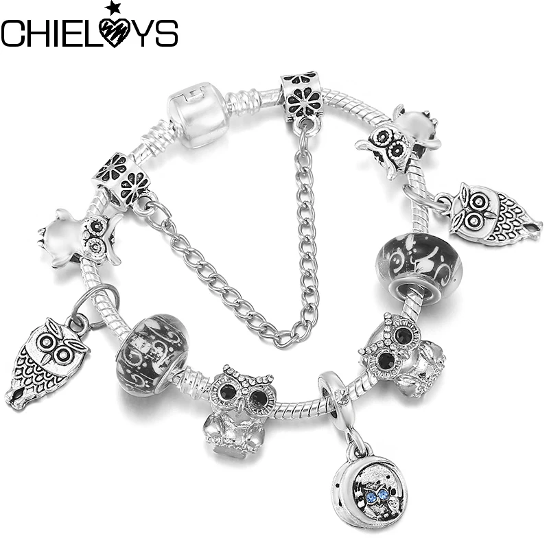 

Silver Color Vivid Owl Dangles Beads Charm Bracelets & Bangles With Snake Chain Bracelets For Women Crystal Jewelry Dropshipping