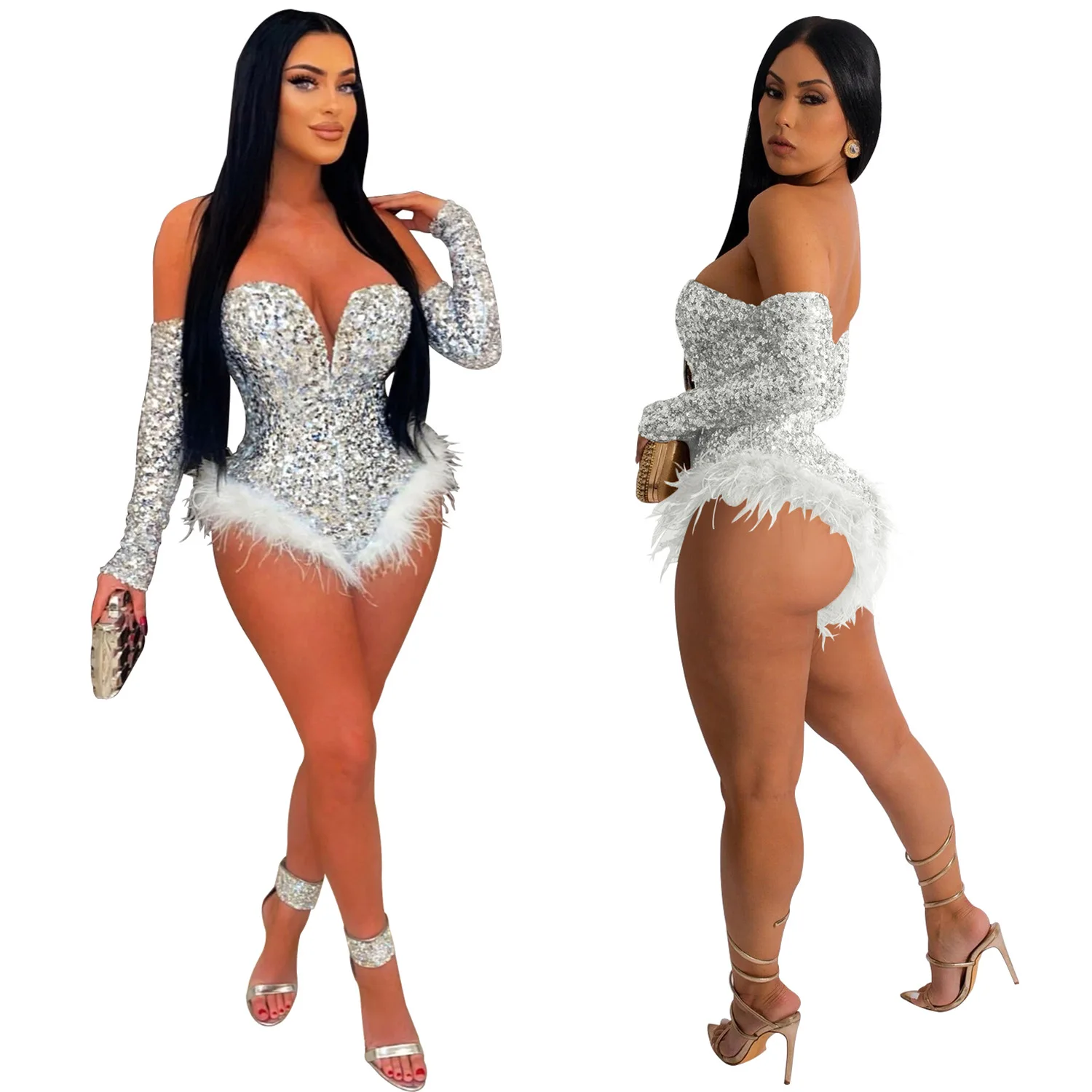 EINYOO Women's Off-Shoulder Long Sleeve Playsuits Sequin Prom Sexy Dancing Jumpsuit Bodysuits Feather Club Dress Traf Y2K Zevity