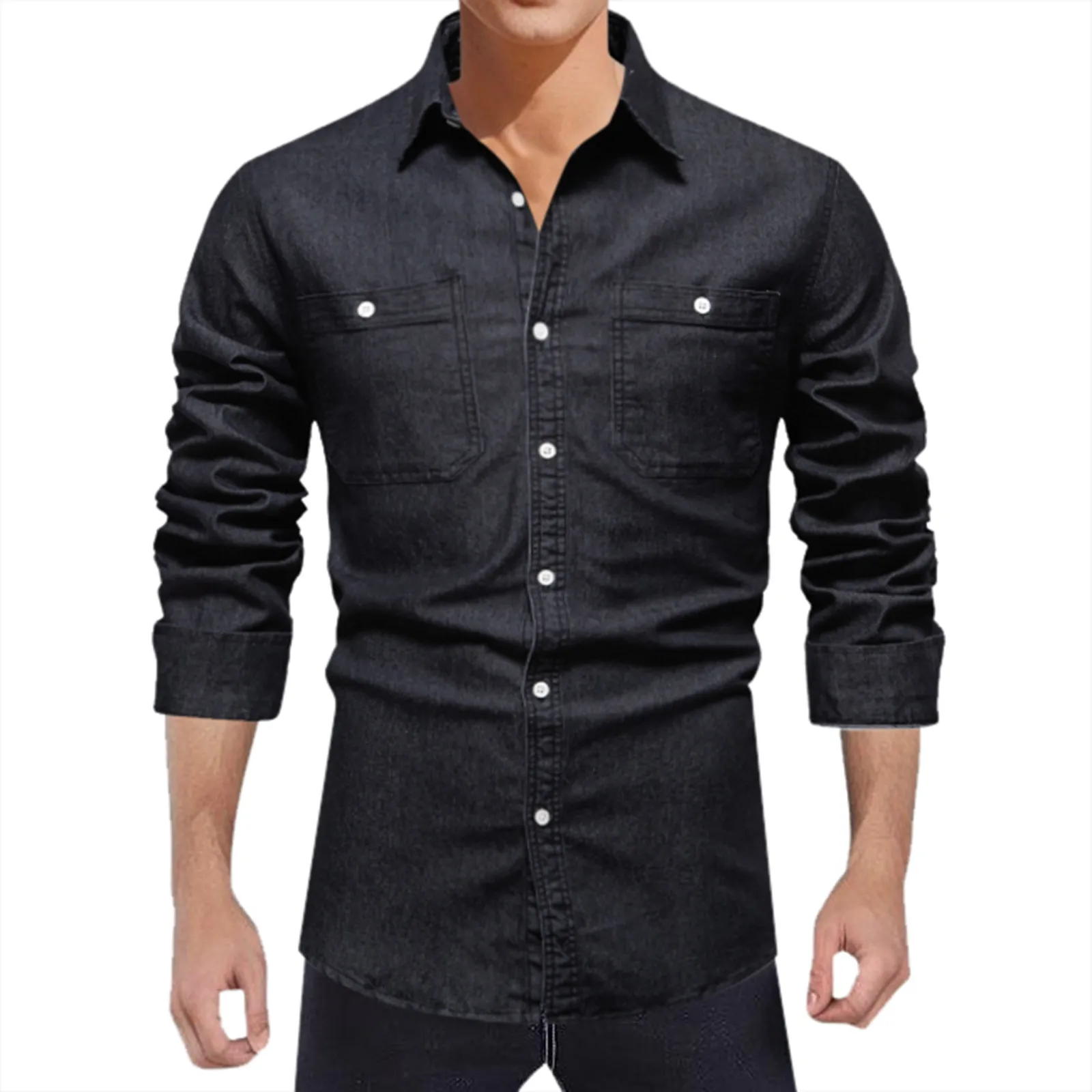 New Men's Casual Blouse Soild Slim Denim Shirt Double Pocket Lapel Button Up Tops Work Autumn Long Sleeve Male Shirts Top 2