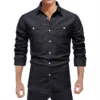 New Men's Casual Blouse Soild Slim Denim Shirt Double Pocket Lapel Button Up Tops Work Autumn Long Sleeve Male Shirts Top 2