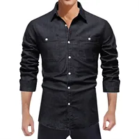 New Men's Casual Blouse Soild Slim Denim Shirt Double Pocket Lapel Button Up Tops Work Autumn Long Sleeve Male Shirts Top 2
